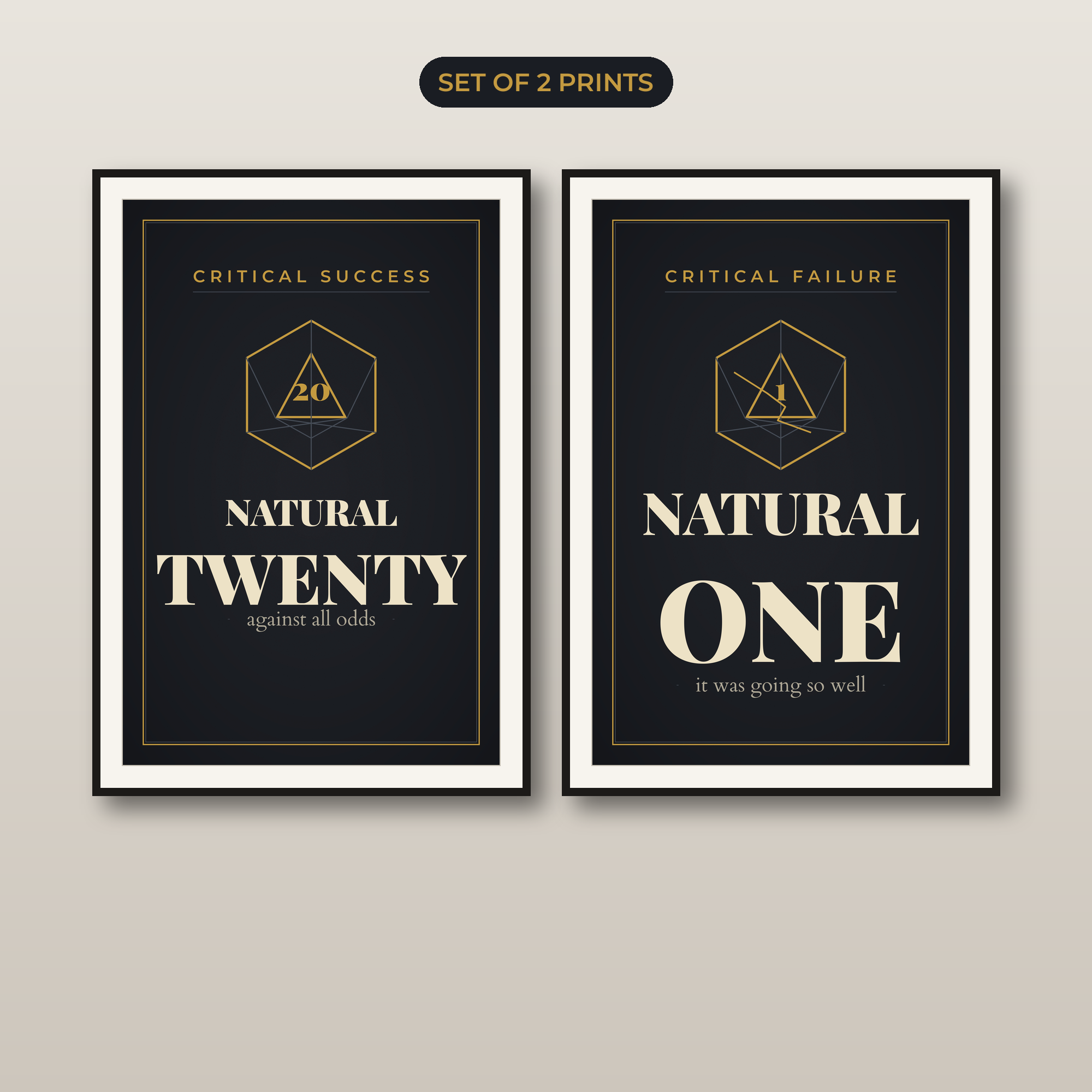 Natural 20 Natural 1 DnD Wall Art Set of 2 — Crit hit and crit fail poster pair