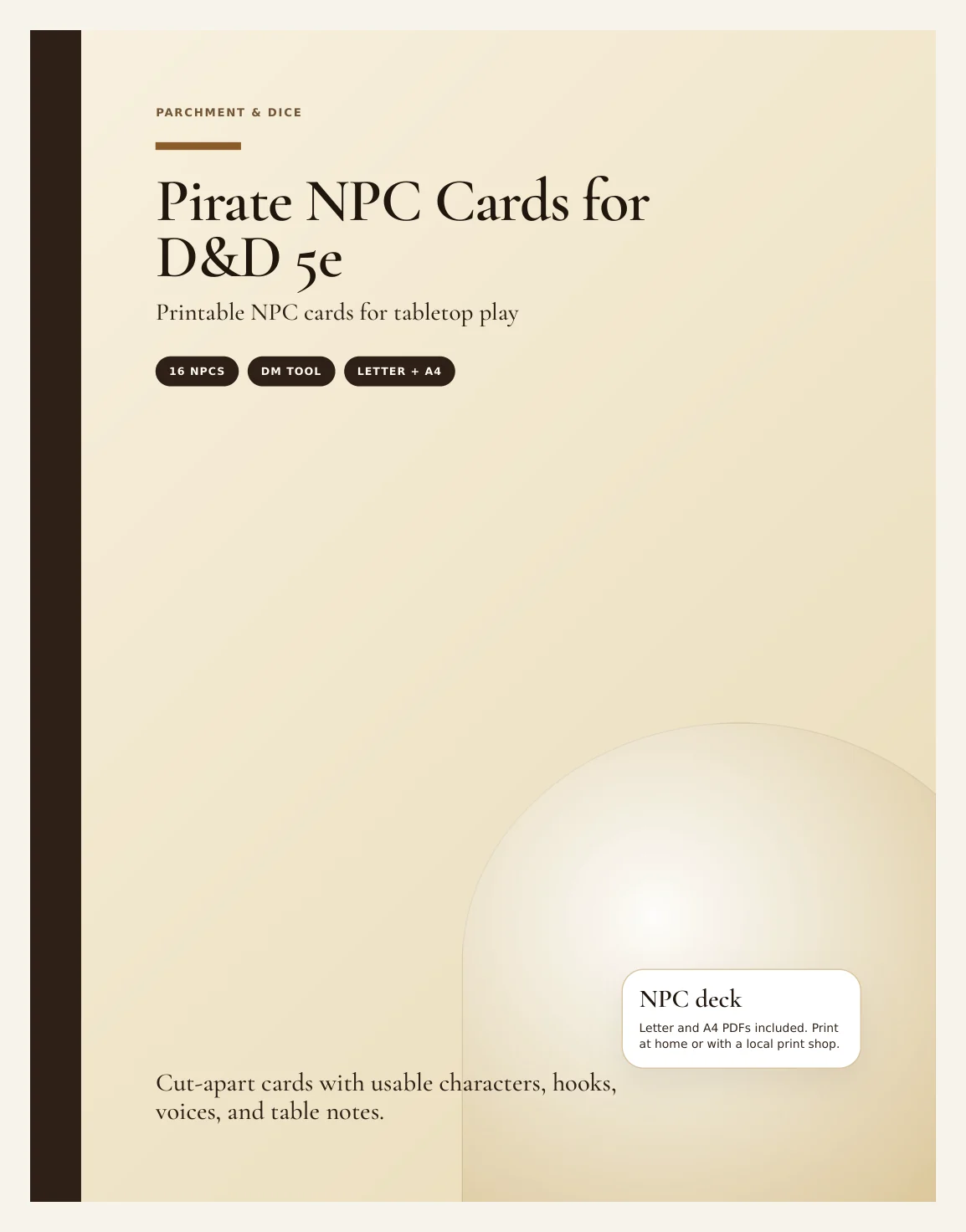 Pirate NPC Cards for DnD 5e | 16 Ready to Drop Nautical NPCs with Stat Blocks, Voice and Hooks | Printable DM Tool | A4 and Letter — Preview page 1