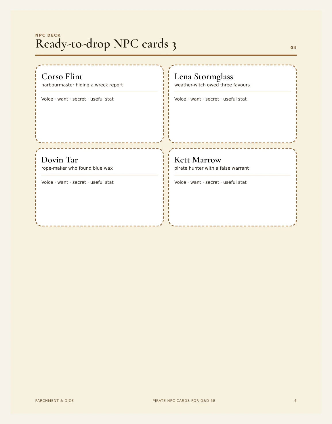 Pirate NPC Cards for DnD 5e | 16 Ready to Drop Nautical NPCs with Stat Blocks, Voice and Hooks | Printable DM Tool | A4 and Letter — Preview page 2