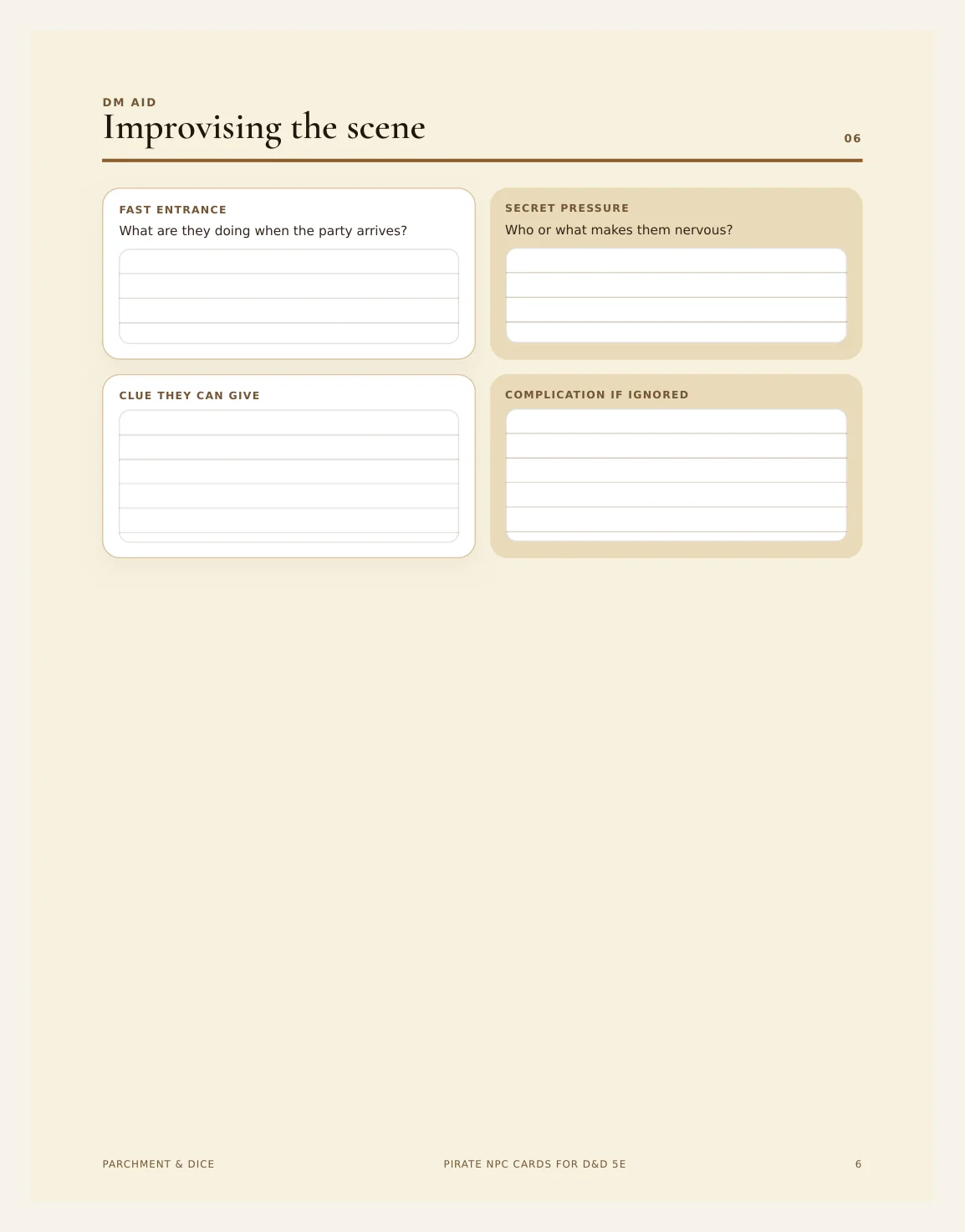 Pirate NPC Cards for DnD 5e | 16 Ready to Drop Nautical NPCs with Stat Blocks, Voice and Hooks | Printable DM Tool | A4 and Letter — Nautical Npc Cards Actual Buyer Preview 3