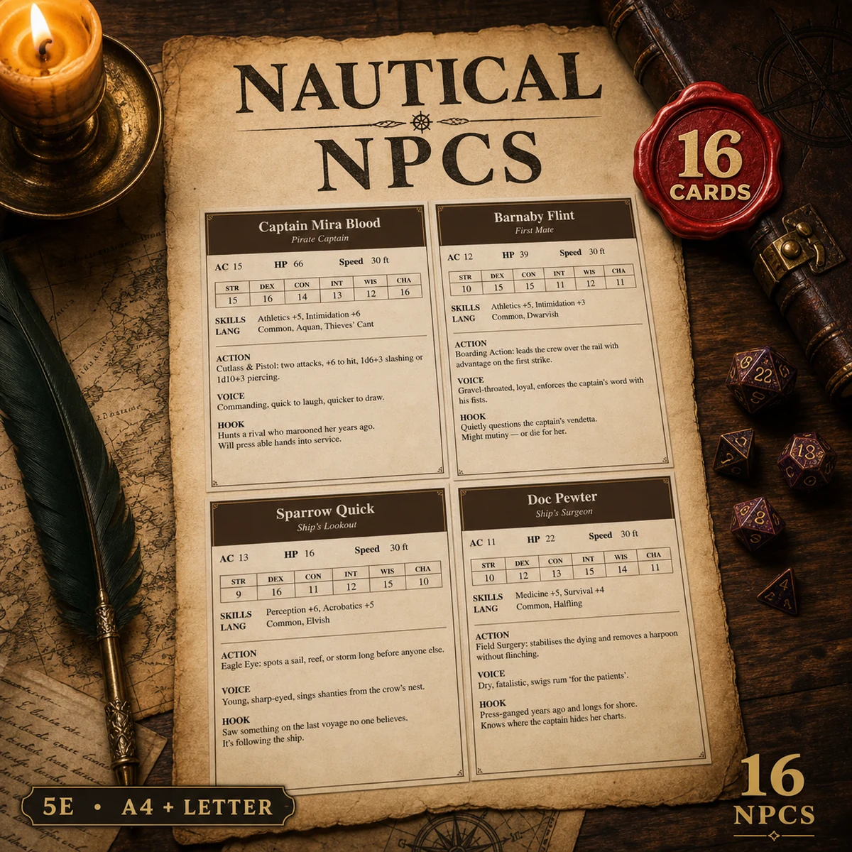 Pirate NPC Cards for DnD 5e | 16 Ready to Drop Nautical NPCs with Stat Blocks, Voice and Hooks | Printable DM Tool | A4 and Letter — 16 Ready to Drop Nautical NPCs with Stat Blocks, Voice and Hooks | Printable DM 