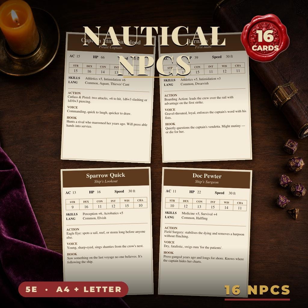 Pirate NPC Cards for DnD 5e | 16 Ready to Drop Nautical NPCs with Stat Blocks, Voice and Hooks | Printable DM Tool | A4 and Letter — 16 Ready to Drop Nautical NPCs with Stat Blocks, Voice and Hooks | Printable DM