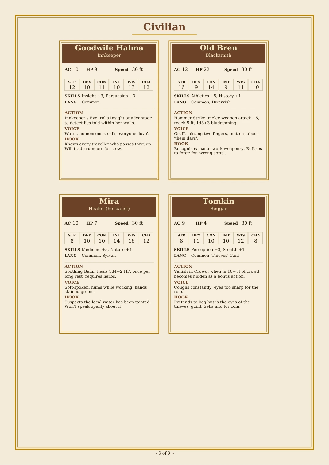 DnD NPC Cards Printable 5e PDF — Preview page 1