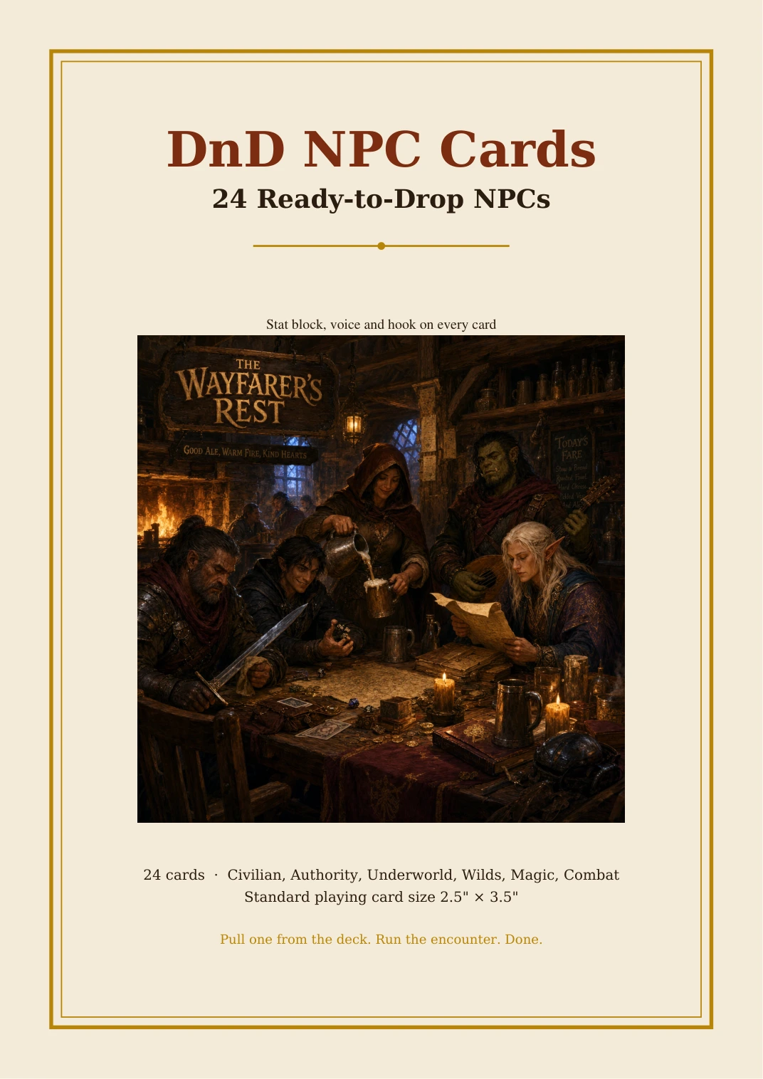 DnD NPC Cards Printable 5e PDF — 24 ready-to-drop NPCs