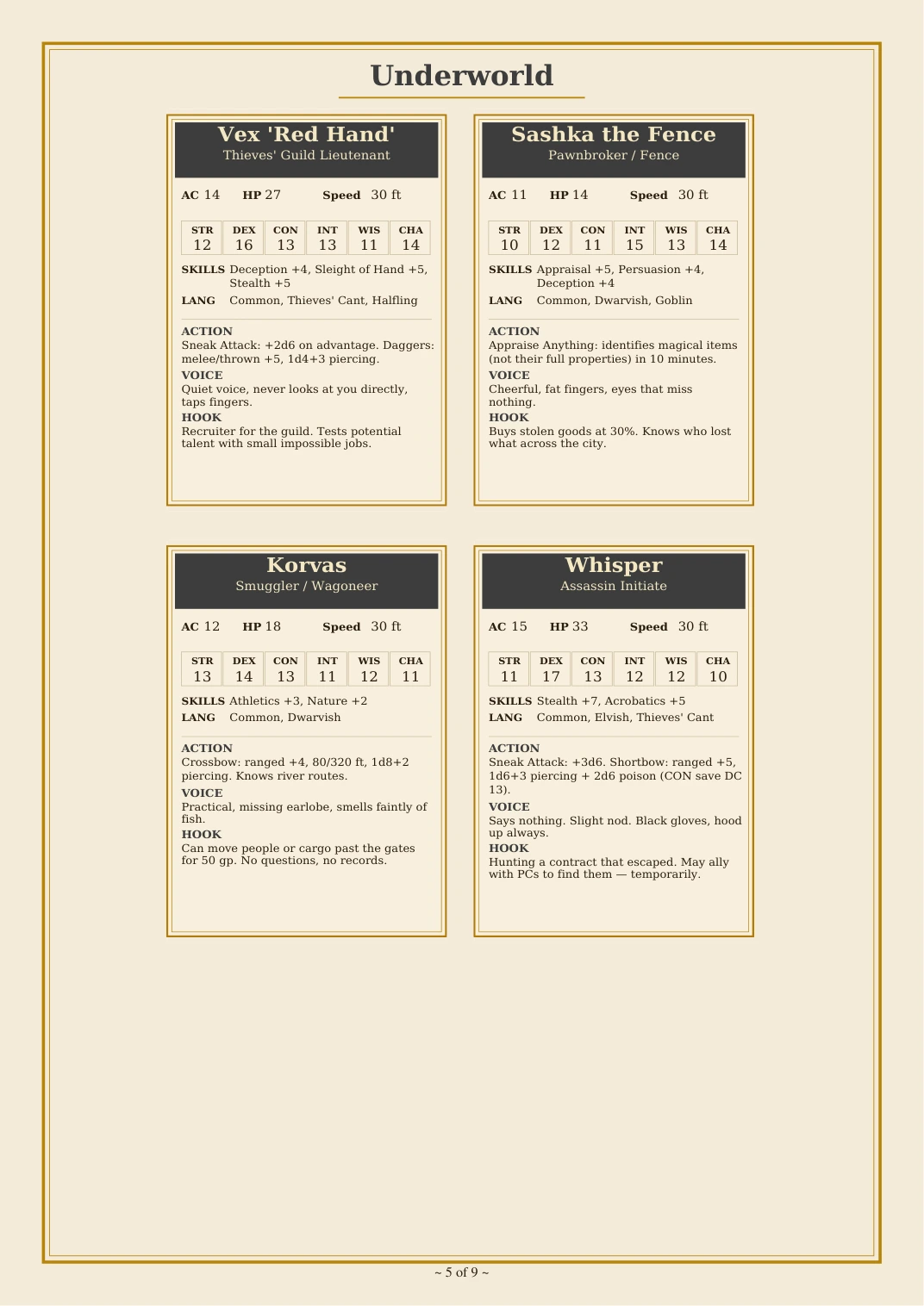 DnD NPC Cards Printable 5e PDF — Preview page 2