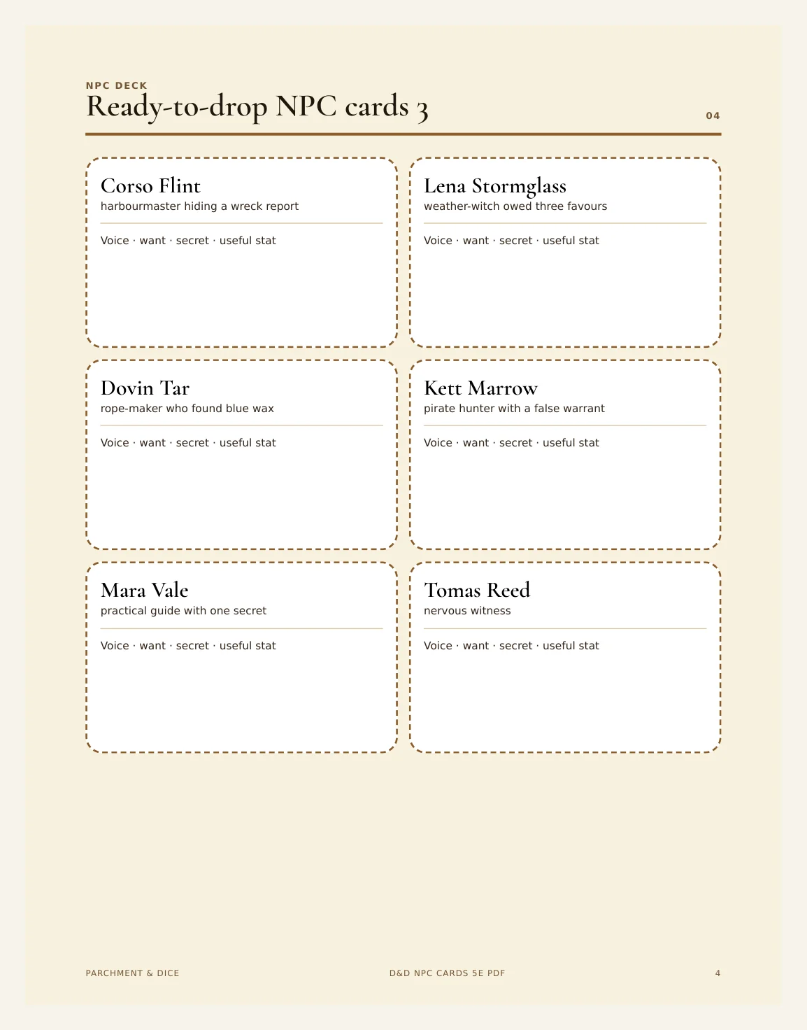 DnD NPC Cards Printable 5e PDF — Preview page 2