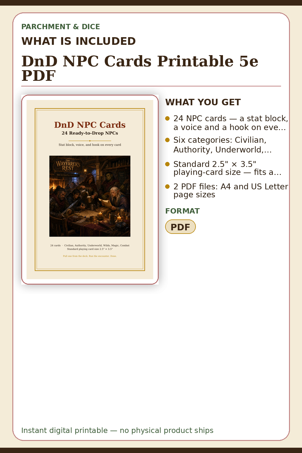 DnD NPC Cards Printable 5e PDF — What is included