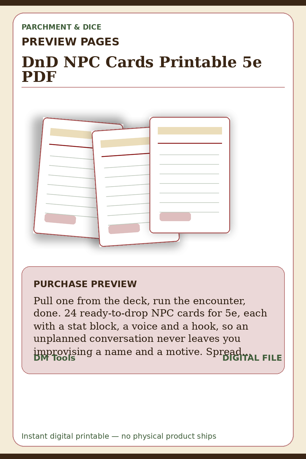 DnD NPC Cards Printable 5e PDF — Npc Cards Preview Pages