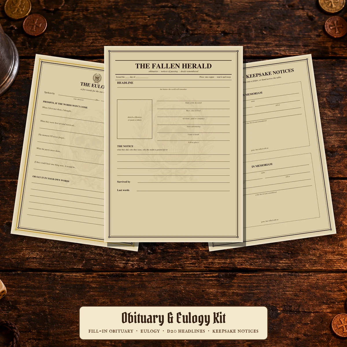 DnD Character Obituary and Eulogy Kit Printable — Fill-in newspaper death notice + eulogy kit
