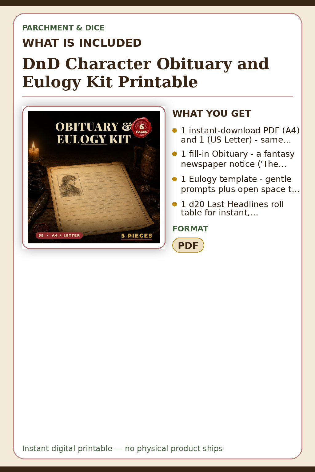 DnD Character Obituary and Eulogy Kit Printable — What is included