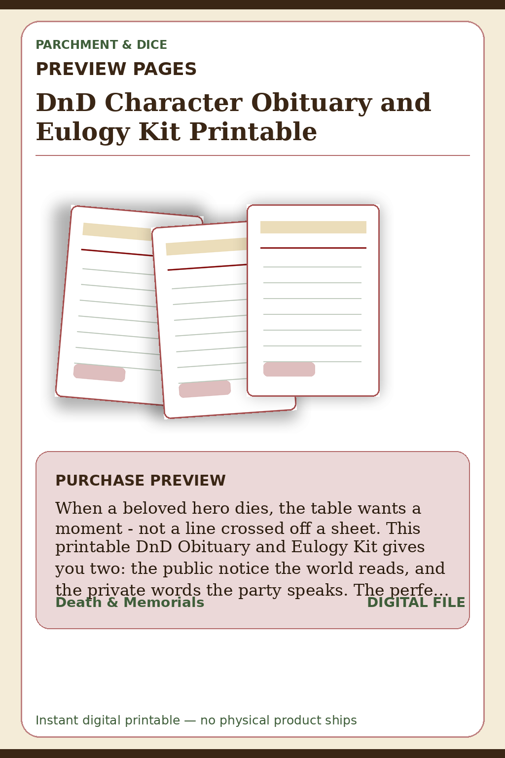 DnD Character Obituary and Eulogy Kit Printable — Obituary Preview Pages