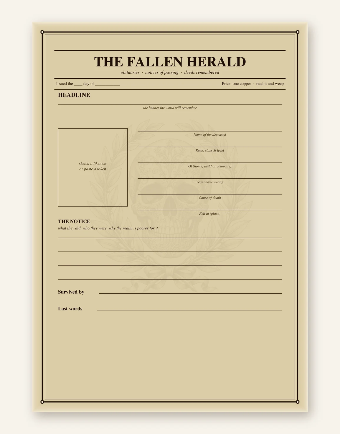 DnD Character Obituary and Eulogy Kit Printable — Preview page 1