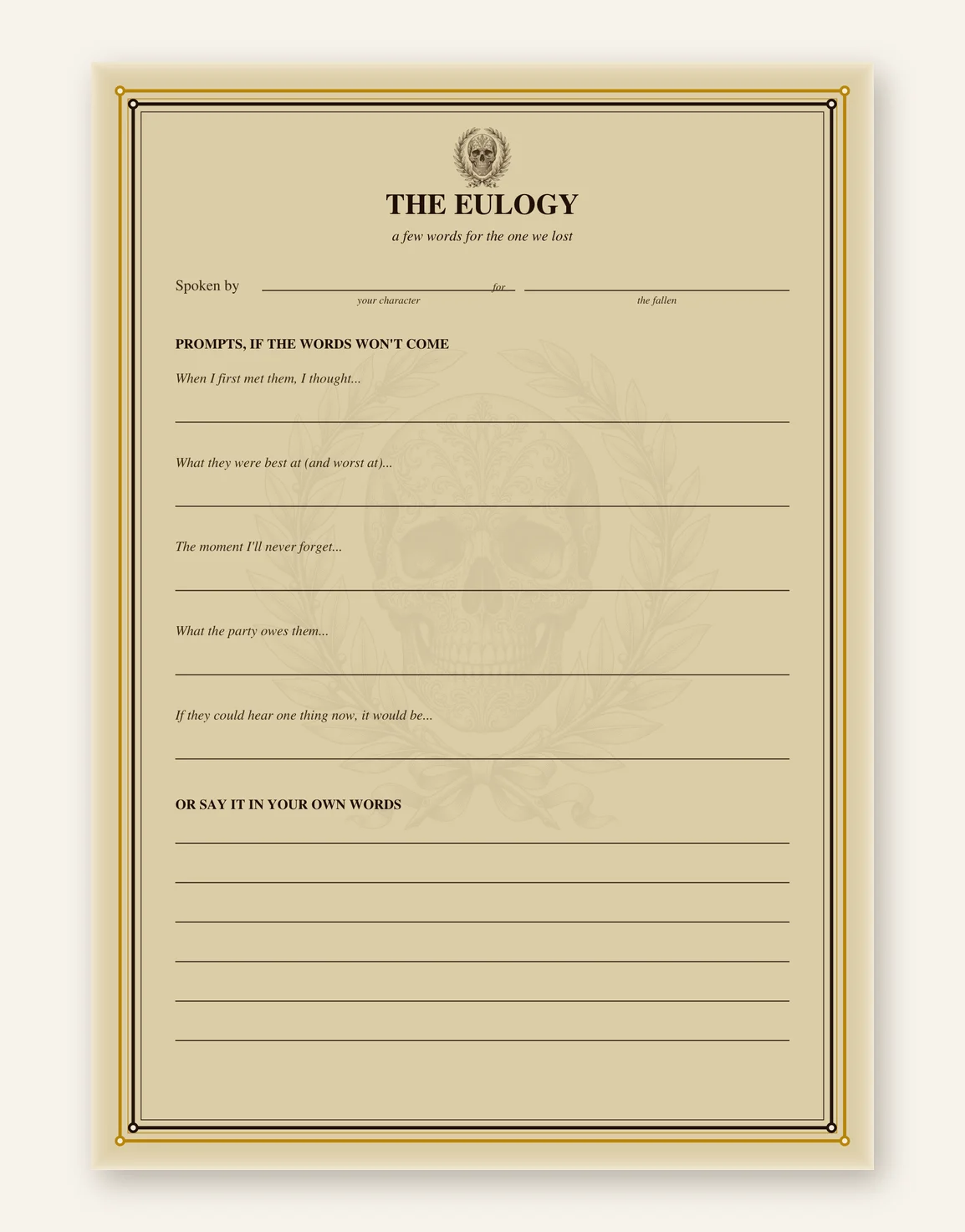 DnD Character Obituary and Eulogy Kit Printable — Preview page 2