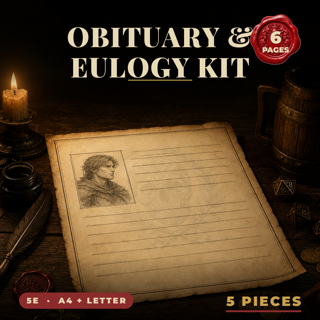 DnD Character Obituary and Eulogy Kit Printable — Fill-in newspaper death notice + eulogy kit