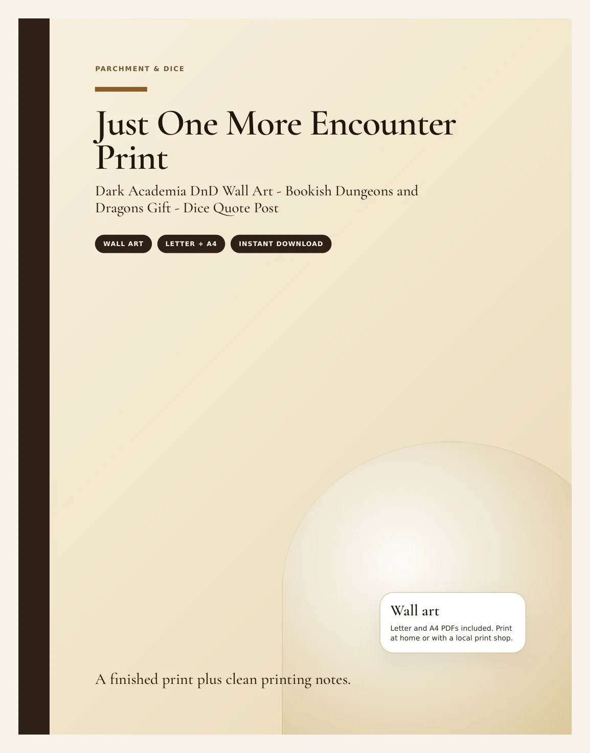 Just One More Encounter Print - Dark Academia DnD Wall Art - Bookish Dungeons and Dragons Gift - Dice Quote Poster - Instant Download — Preview page 1