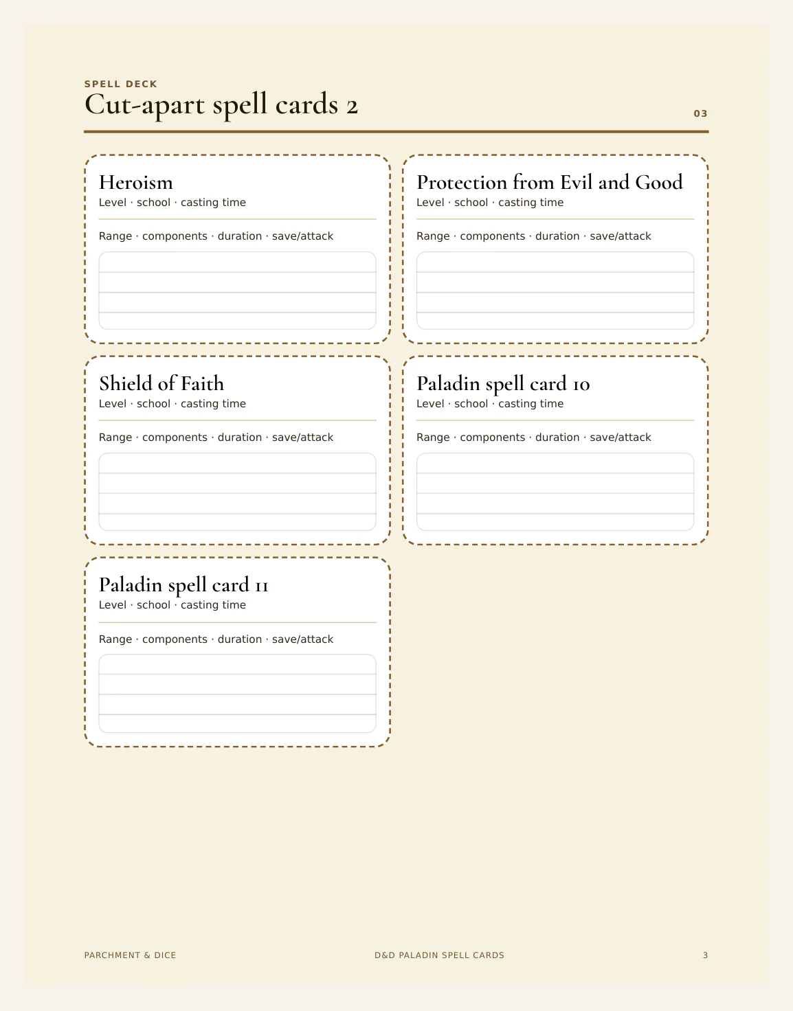 DnD Paladin Spell Cards 5e Printable PDF | All 11 Level 1 Spells | A4 + US Letter | Tabletop RPG Reference — Preview page 2