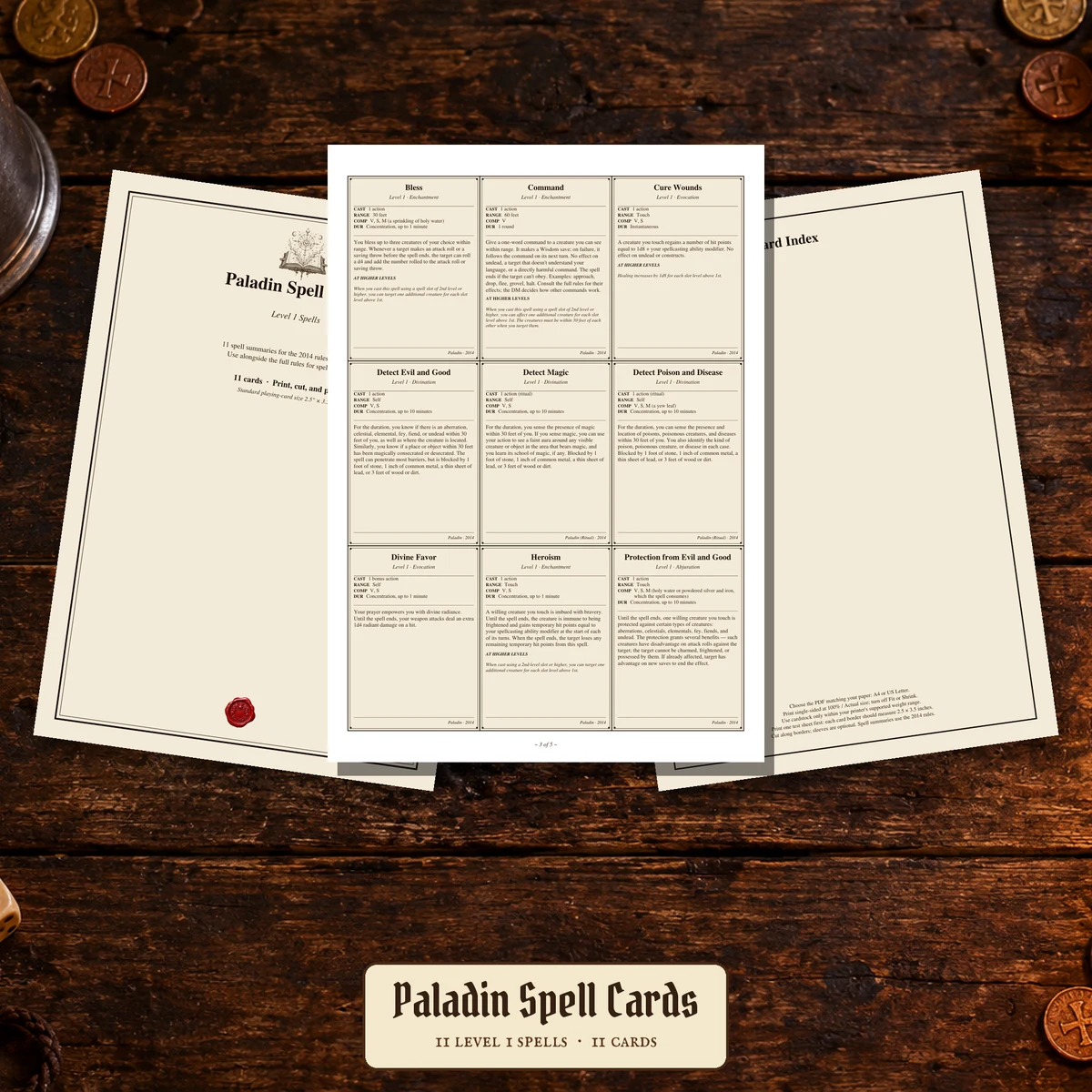 DnD Paladin Spell Cards | 11 Level 1 Summaries | 2014 Rules — 11 SRD 5.1 spell summaries · A4 + US Letter · Parchment + plain
