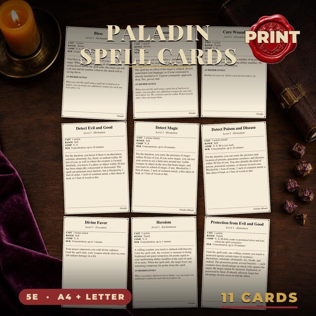 DnD Paladin Spell Cards 5e Printable PDF | All 11 Level 1 Spells | A4 + US Letter | Tabletop RPG Reference — All 11 Level 1 Spells | A4 + US Letter | Tabletop RPG Reference