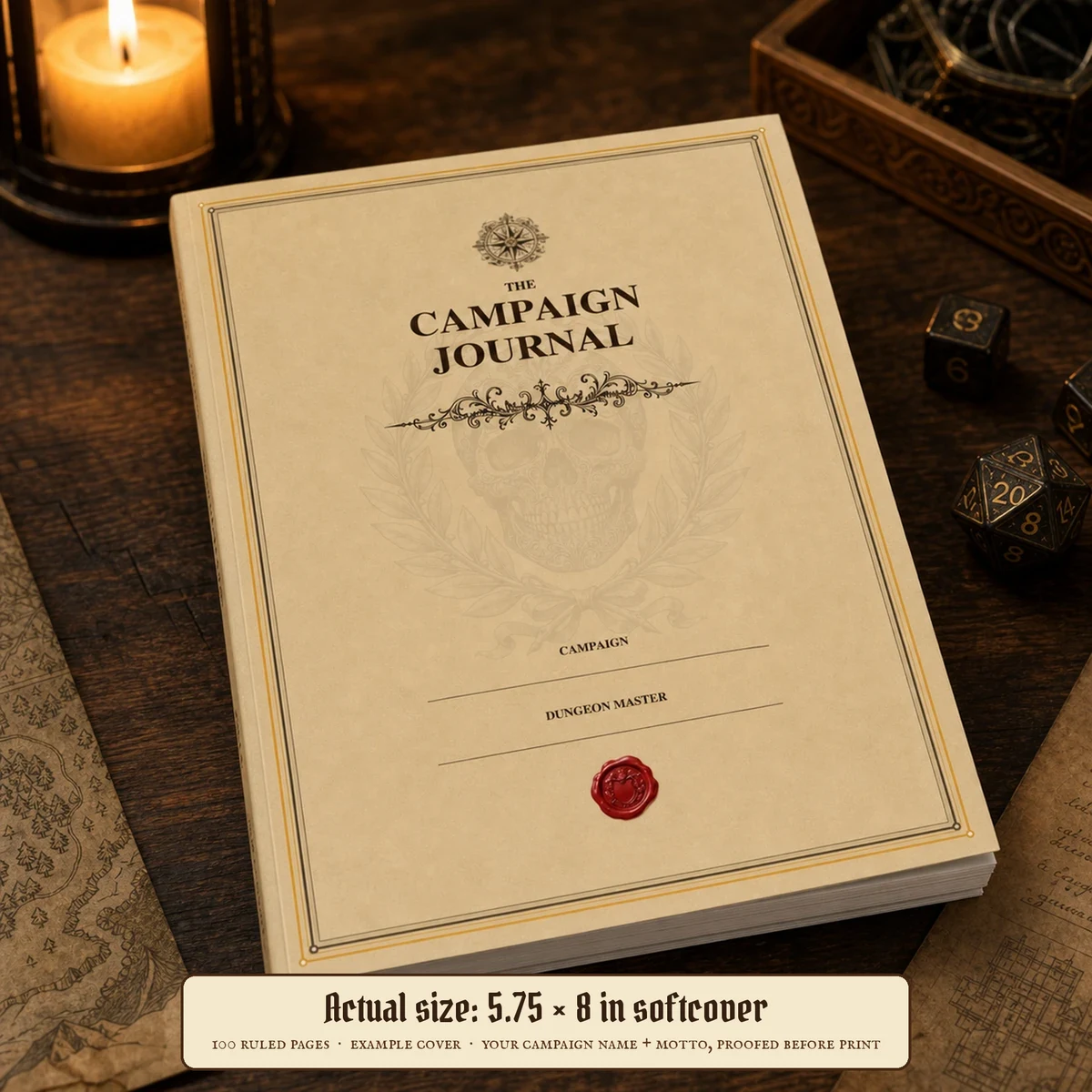 Personalized Campaign Journal — Physical Edition — A 5.75×8 ruled journal with a custom campaign cover
