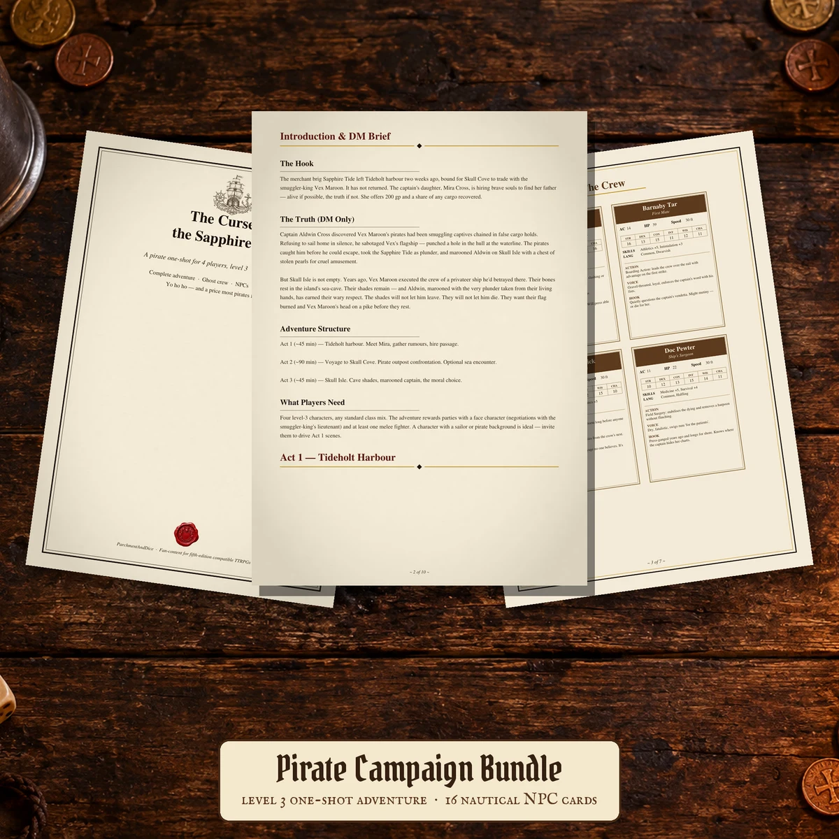DnD Pirate Campaign Bundle 5e Printable Pdf | Sapphire Tide One Shot Adventure Plus 16 Nautical NPC Cards | Sea Tabletop Rpg Night — Sapphire Tide One Shot Adventure Plus 16 Nautical NPC Cards | Sea Tabletop Rpg N