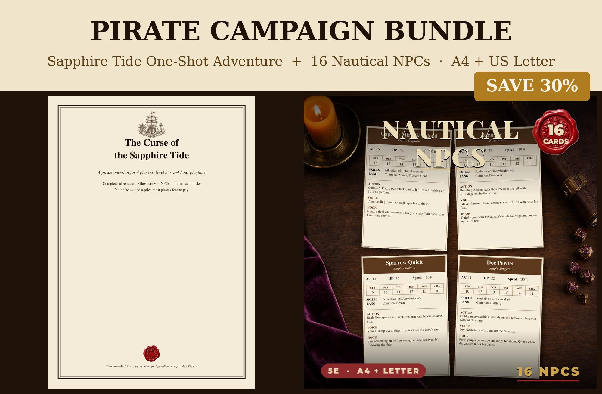DnD Pirate Campaign Bundle 5e Printable Pdf | Sapphire Tide One Shot Adventure Plus 16 Nautical NPC Cards | Sea Tabletop Rpg Night — Sapphire Tide One Shot Adventure Plus 16 Nautical NPC Cards | Sea Tabletop Rpg N