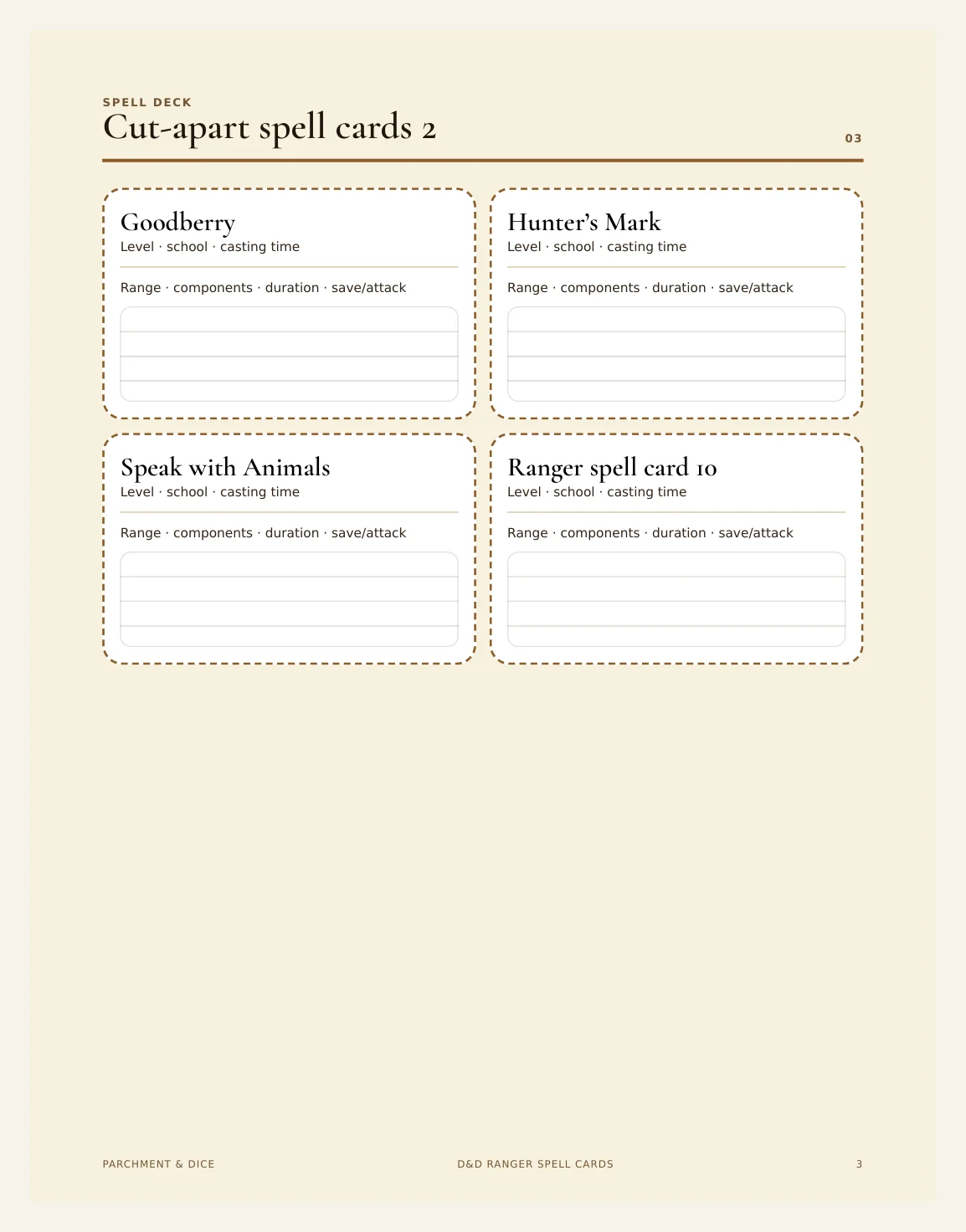 DnD Ranger Spell Cards 5e Printable PDF | All 10 Level 1 Spells | A4 + US Letter | Tabletop RPG Reference — Preview page 2