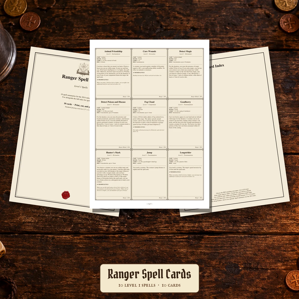DnD Ranger Spell Cards | 10 Level 1 Summaries | 2014 Rules — 10 SRD 5.1 spell summaries · A4 + US Letter · Parchment + plain