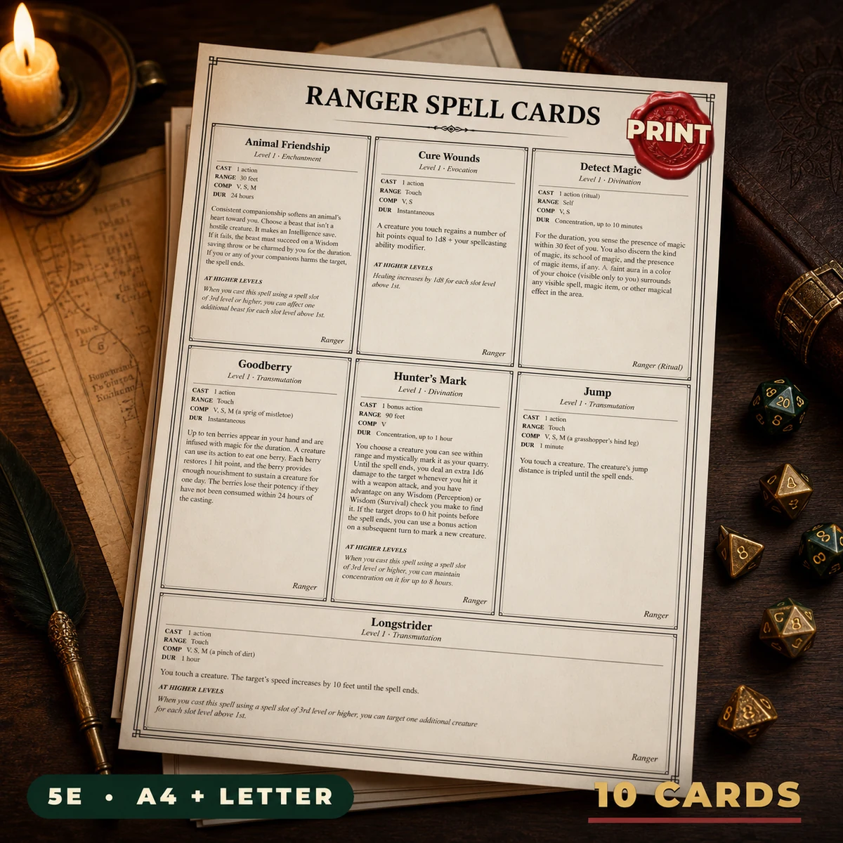 DnD Ranger Spell Cards 5e Printable PDF | All 10 Level 1 Spells | A4 + US Letter | Tabletop RPG Reference — All 10 Level 1 Spells | A4 + US Letter | Tabletop RPG Reference
