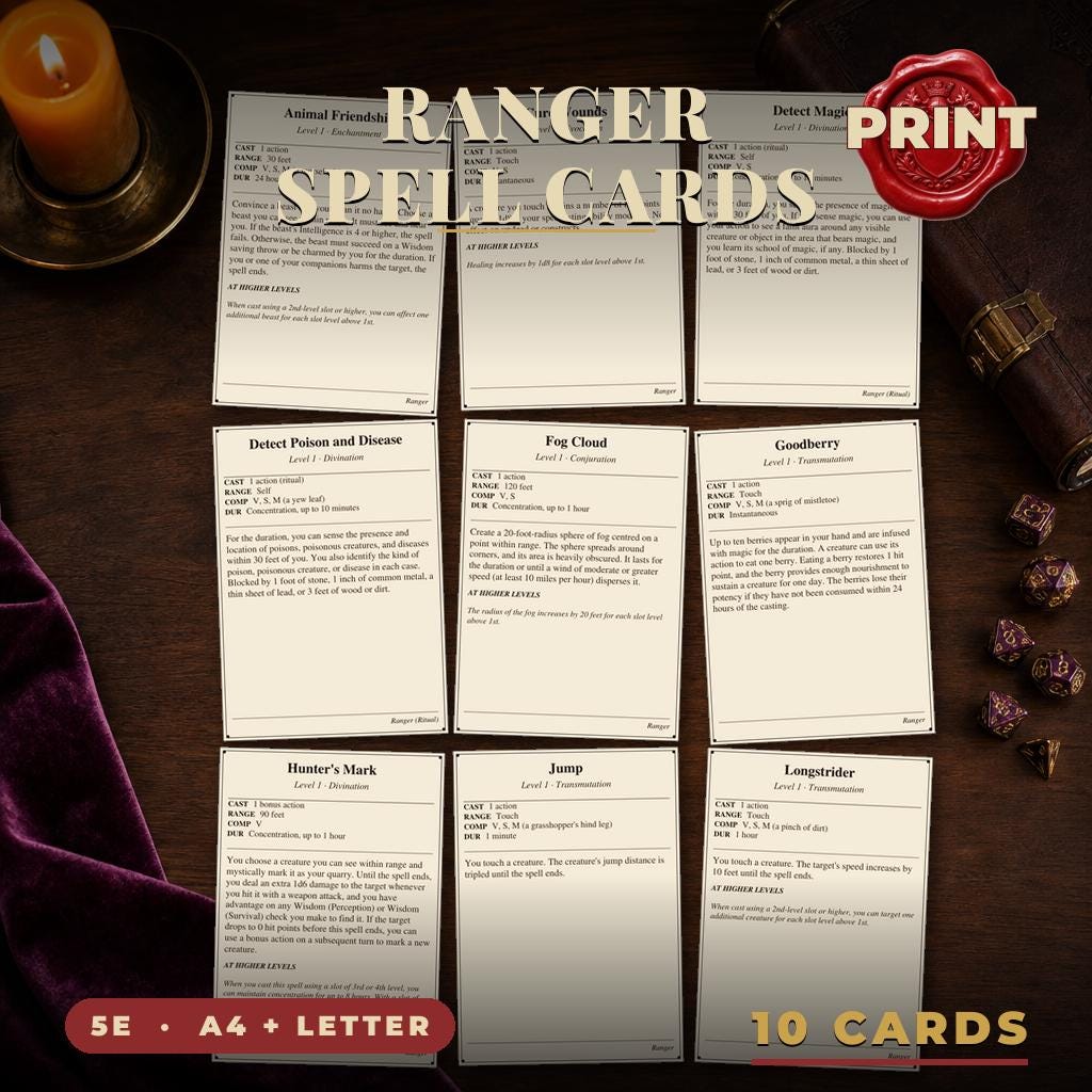 DnD Ranger Spell Cards 5e Printable PDF | All 10 Level 1 Spells | A4 + US Letter | Tabletop RPG Reference — All 10 Level 1 Spells | A4 + US Letter | Tabletop RPG Reference