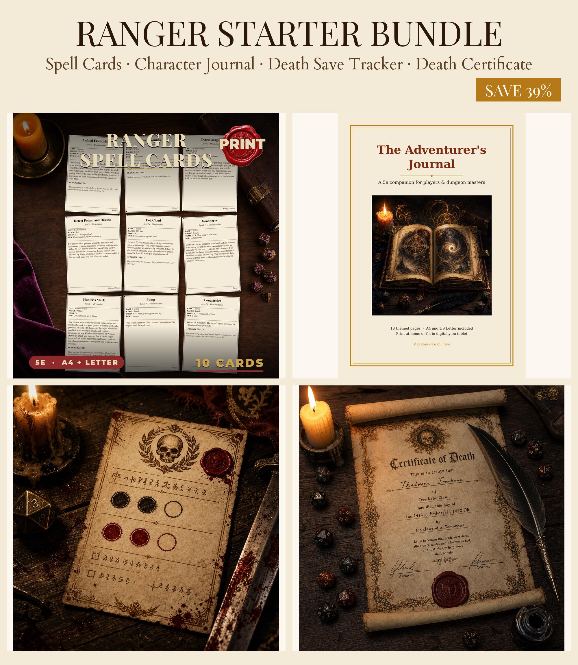 DnD Ranger Player Starter Bundle 5e Printable PDF | Spell Cards Character Journal Death Save Tracker | New Player Gift — Spell Cards Character Journal Death Save Tracker | New Player Gift