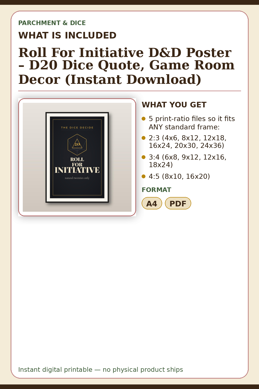 Roll For Initiative D&D Poster – D20 Dice Quote, Game Room Decor (Instant Download) — What is included