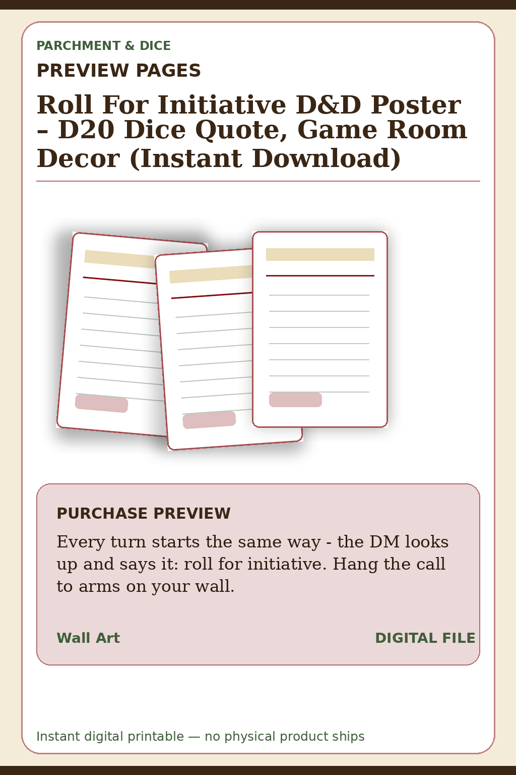 Roll For Initiative D&D Poster – D20 Dice Quote, Game Room Decor (Instant Download) — Roll For Initiative Wallart Preview Pages
