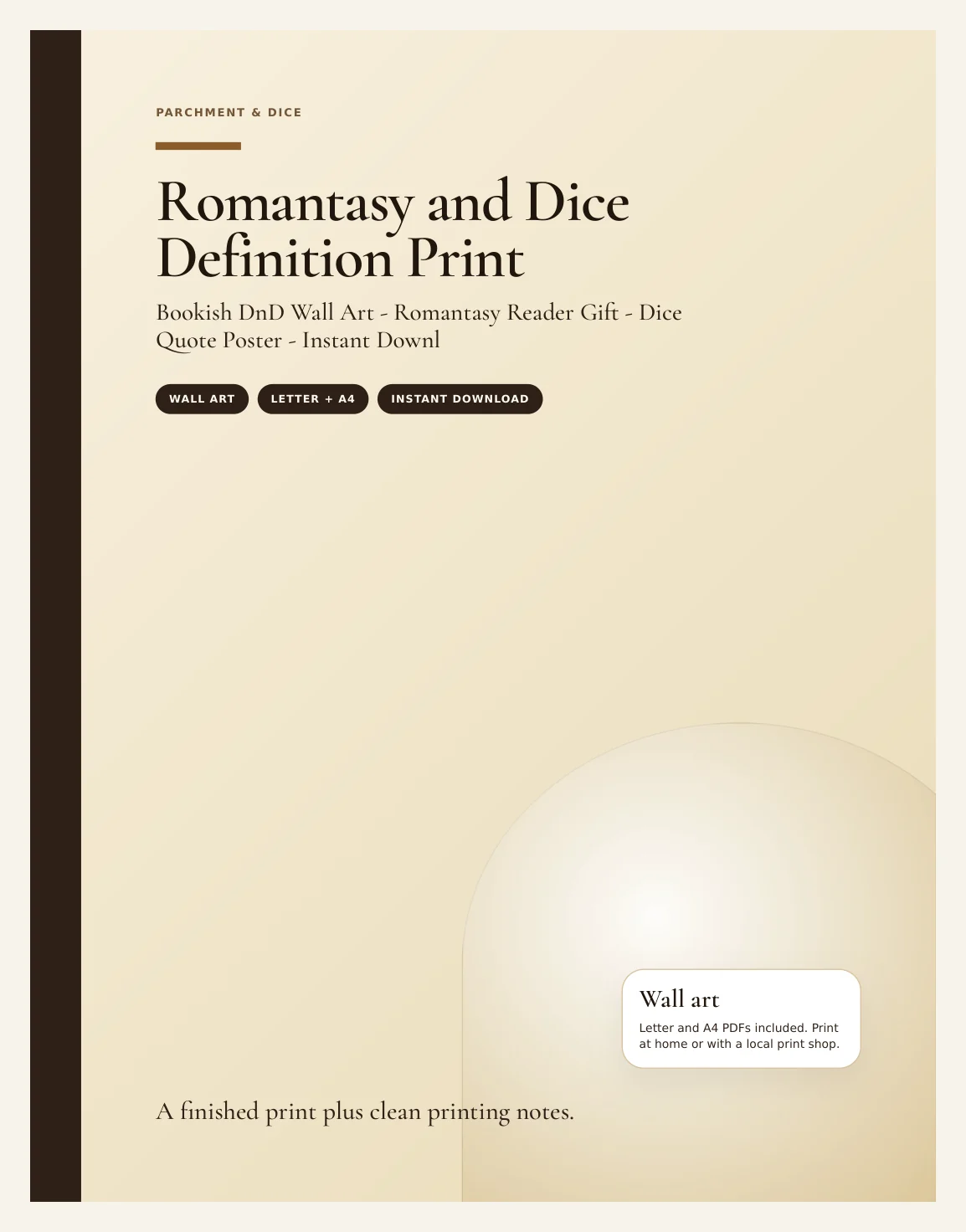 Romantasy and Dice Definition Print - Bookish DnD Wall Art - Romantasy Reader Gift - Dice Quote Poster - Instant Download — Preview page 1