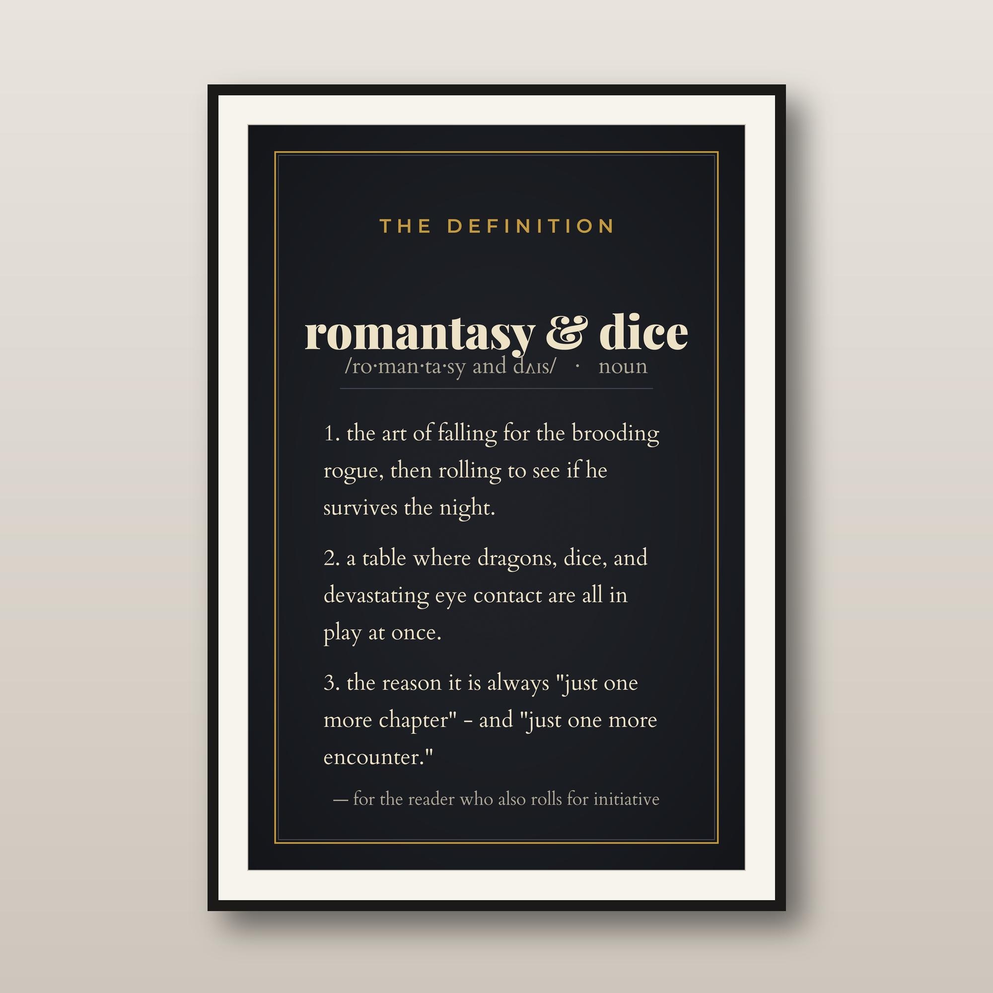 Romantasy and Dice Definition Print - Bookish DnD Wall Art - Romantasy Reader Gift - Dice Quote Poster - Instant Download — Bookish DnD Wall Art - Romantasy Reader Gift - Dice Quote Poster - Instant Downl