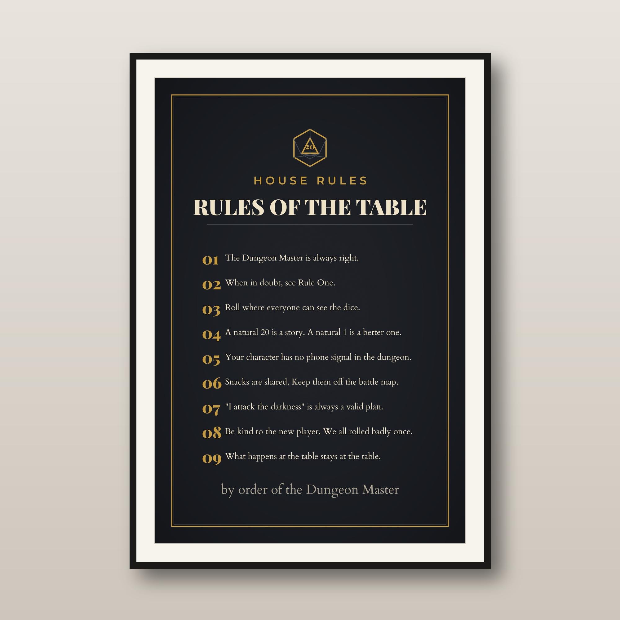 Rules of the Table DnD Print - Dungeons and Dragons Wall Art - Funny DM House Rules Poster - Dungeon Master Gift - Instant Download — Dungeons and Dragons Wall Art - Funny DM House Rules Poster - Dungeon Master Gif