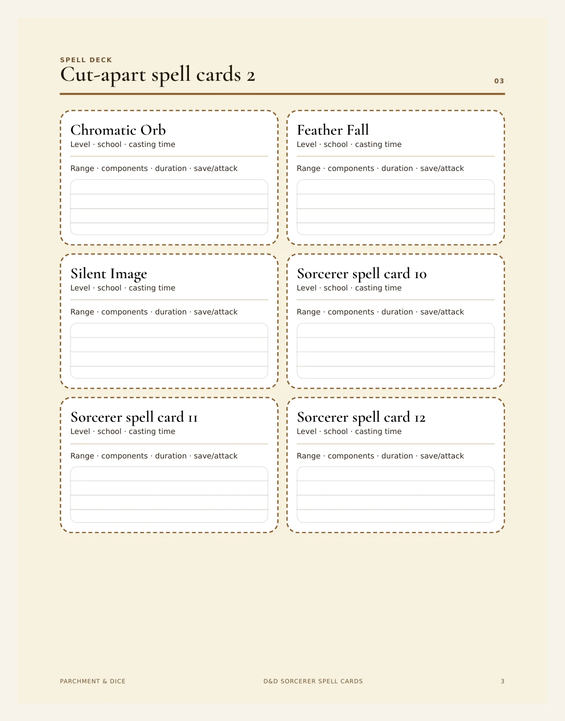 DnD Sorcerer Spell Cards 5e Printable PDF — Preview page 2