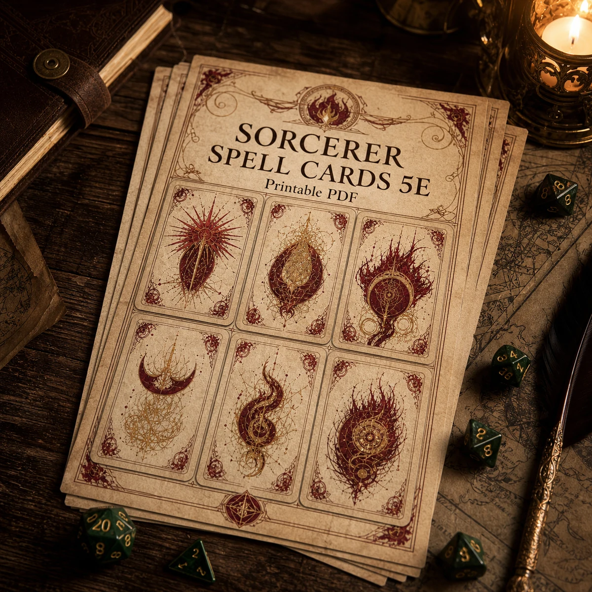 DnD Sorcerer Spell Cards 5e Printable PDF