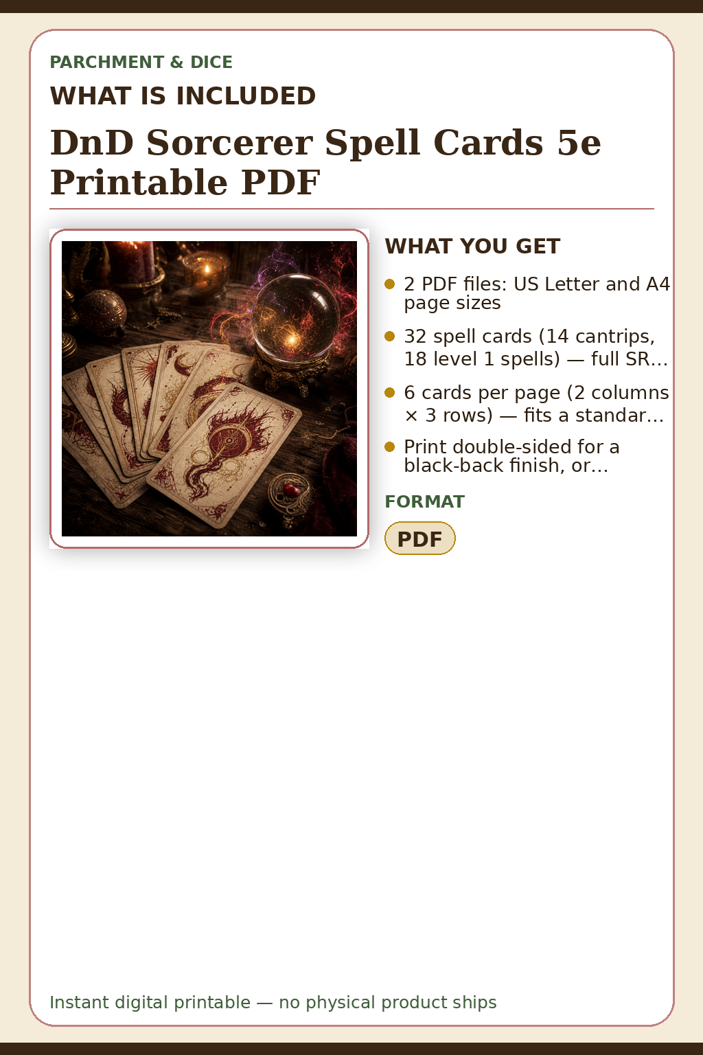 DnD Sorcerer Spell Cards 5e Printable PDF — What is included