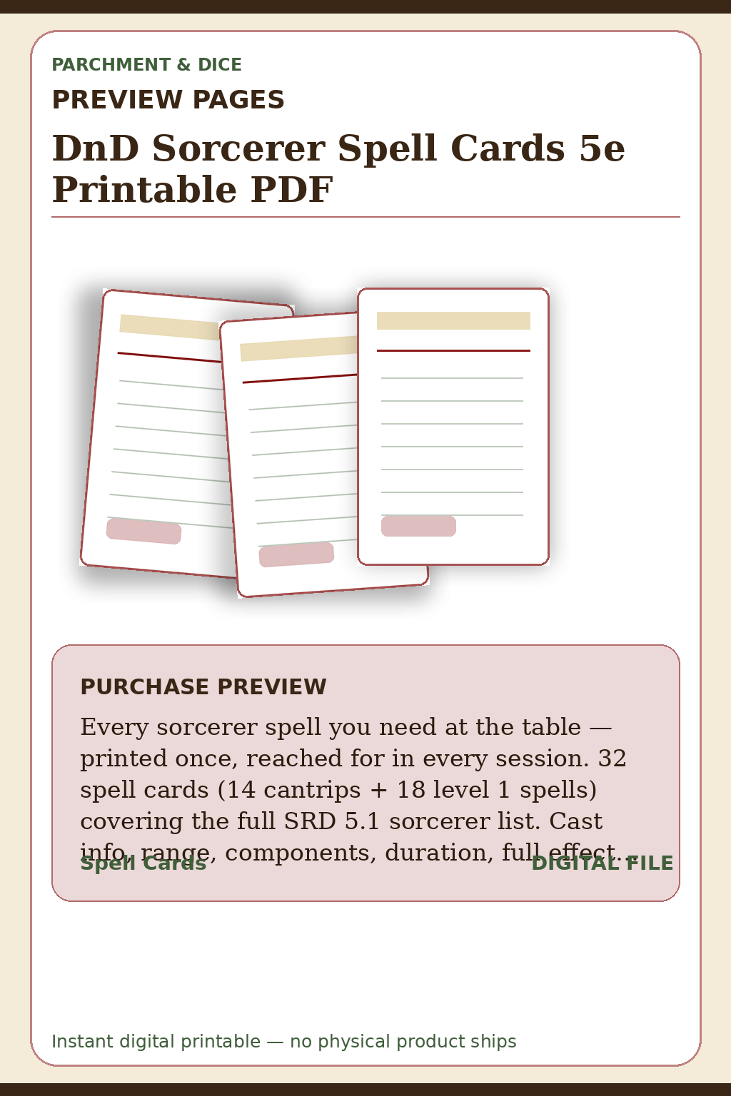 DnD Sorcerer Spell Cards 5e Printable PDF — Sorcerer Spell Cards Preview Pages