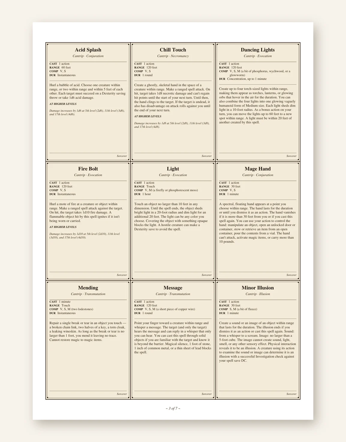 DnD Sorcerer Spell Cards 5e Printable PDF — Preview page 1