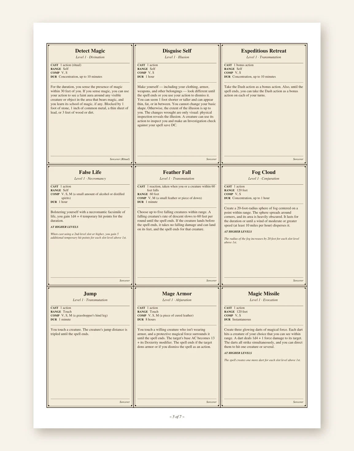 DnD Sorcerer Spell Cards 5e Printable PDF — Preview page 2