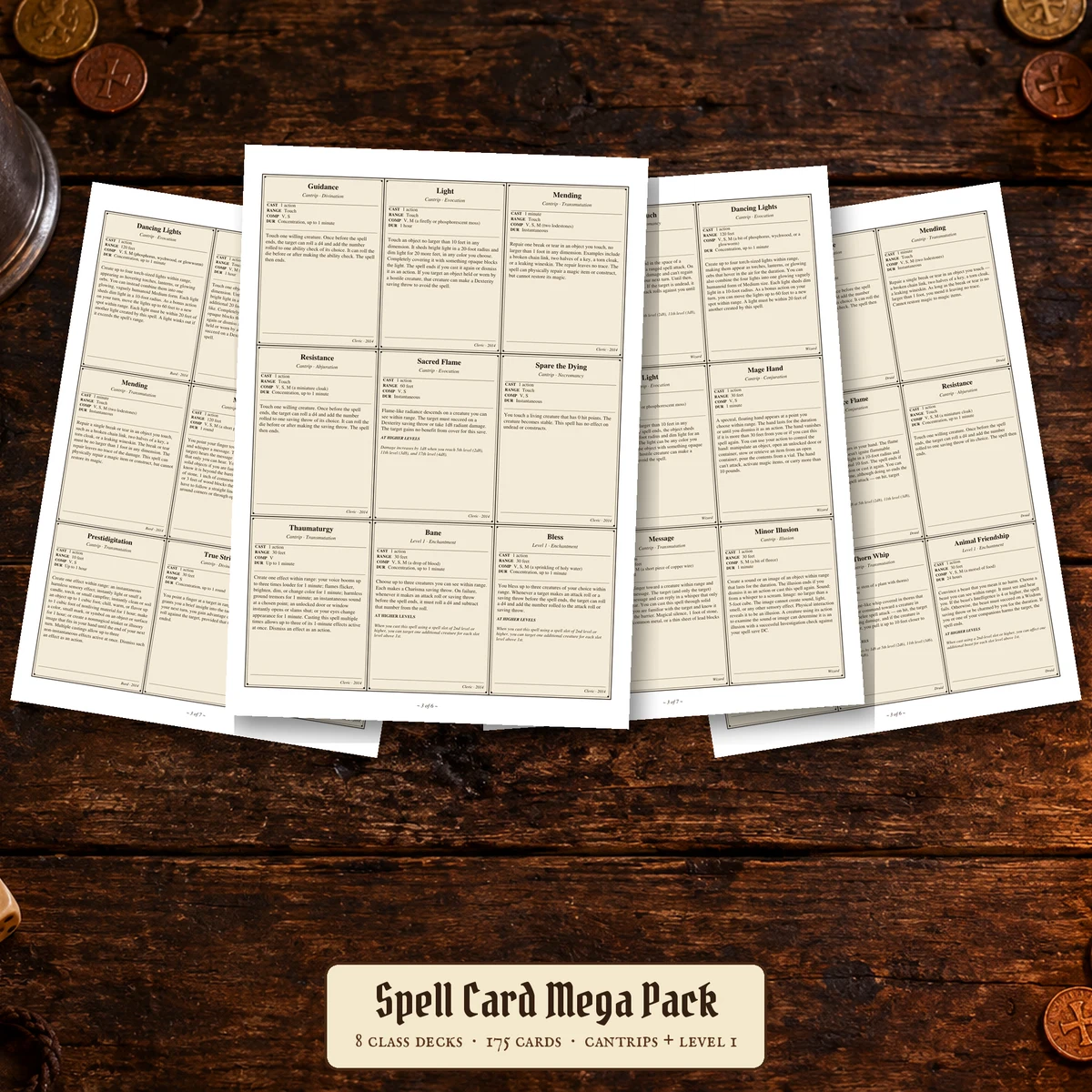 DnD Spell Card Bundle — Eight Class Decks — 175 class-deck cards covering cantrips and level-one spells