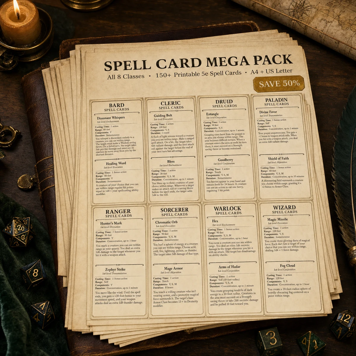 DnD Spell Cards Mega Pack All 8 Classes 5e Printable PDF | 150 Plus Spell Cards Bundle | Bard Cleric Druid Paladin Ranger Sorcerer Wizard — 150 Plus Spell Cards Bundle | Bard Cleric Druid Paladin Ranger Sorcerer Wizard