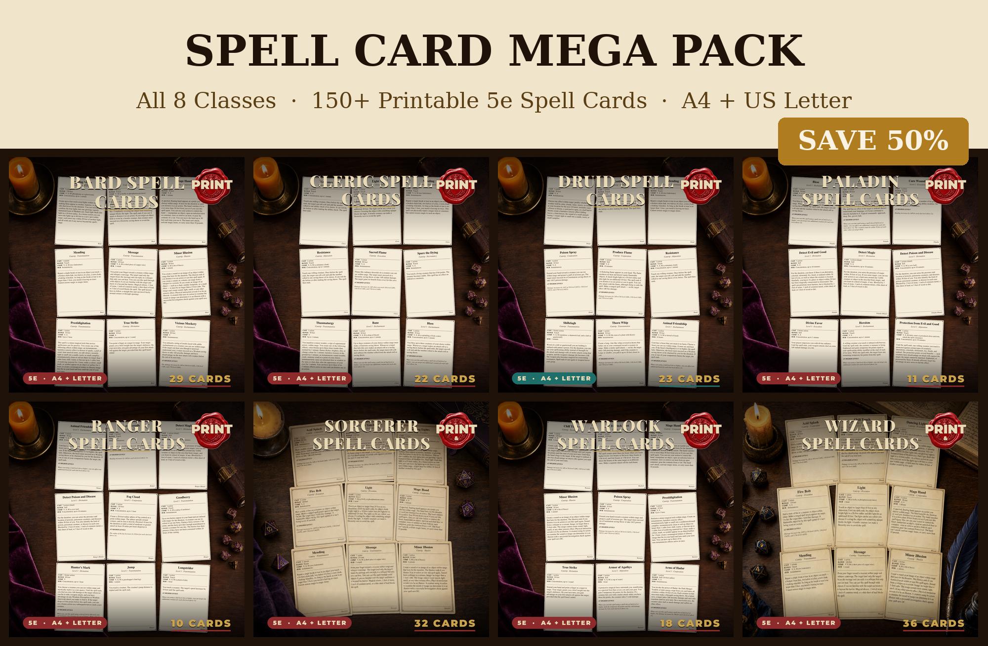 DnD Spell Cards Mega Pack All 8 Classes 5e Printable PDF | 150 Plus Spell Cards Bundle | Bard Cleric Druid Paladin Ranger Sorcerer Wizard — 150 Plus Spell Cards Bundle | Bard Cleric Druid Paladin Ranger Sorcerer Wizard