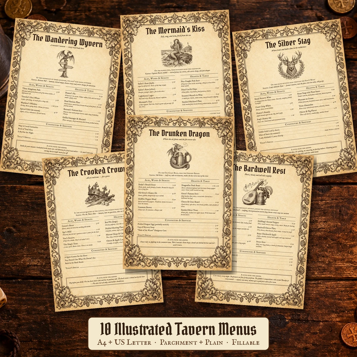 DnD Tavern Menu Printable — Ten illustrated fantasy tavern menus for your table