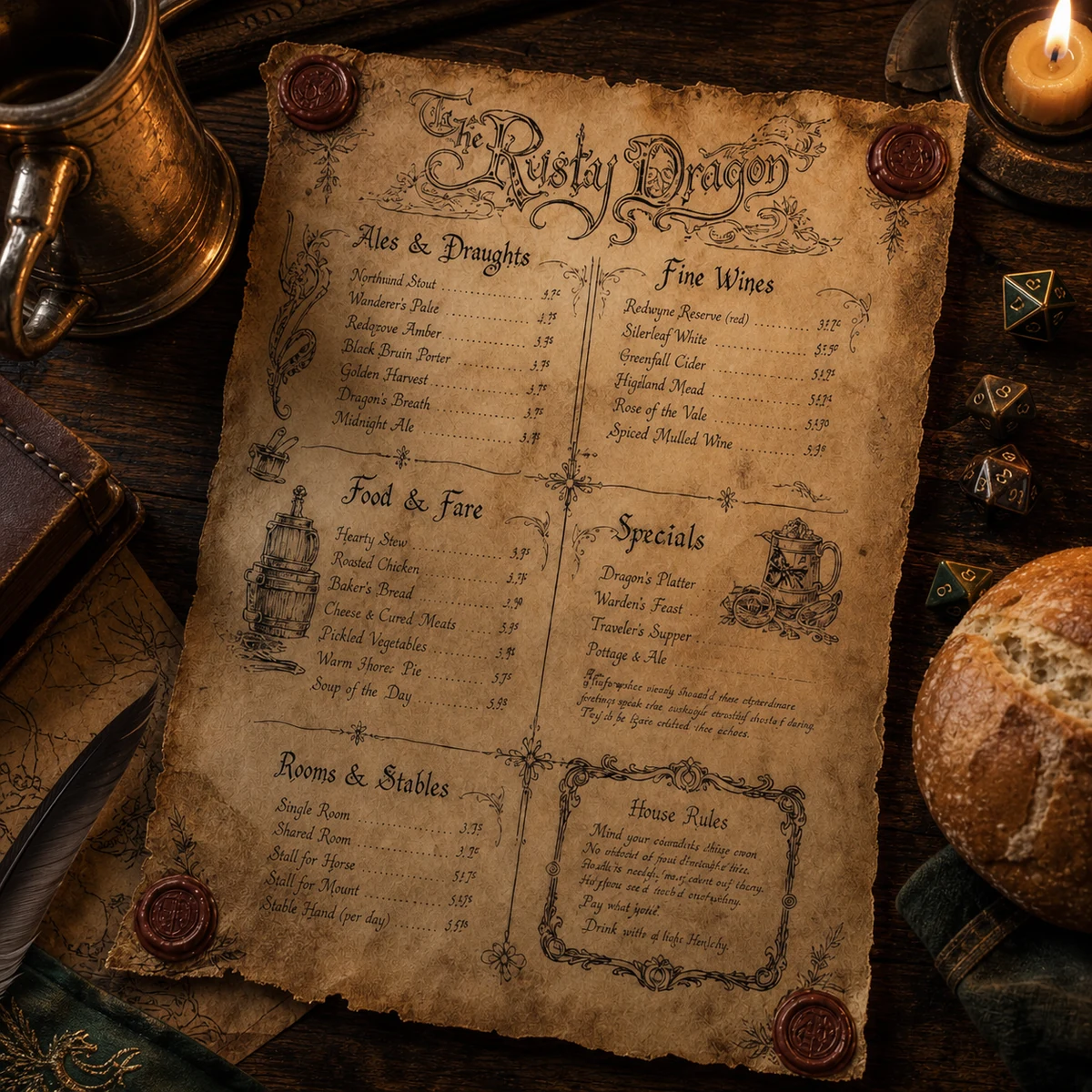 DnD Tavern Menu Printable — Ten fantasy tavern menus for your table