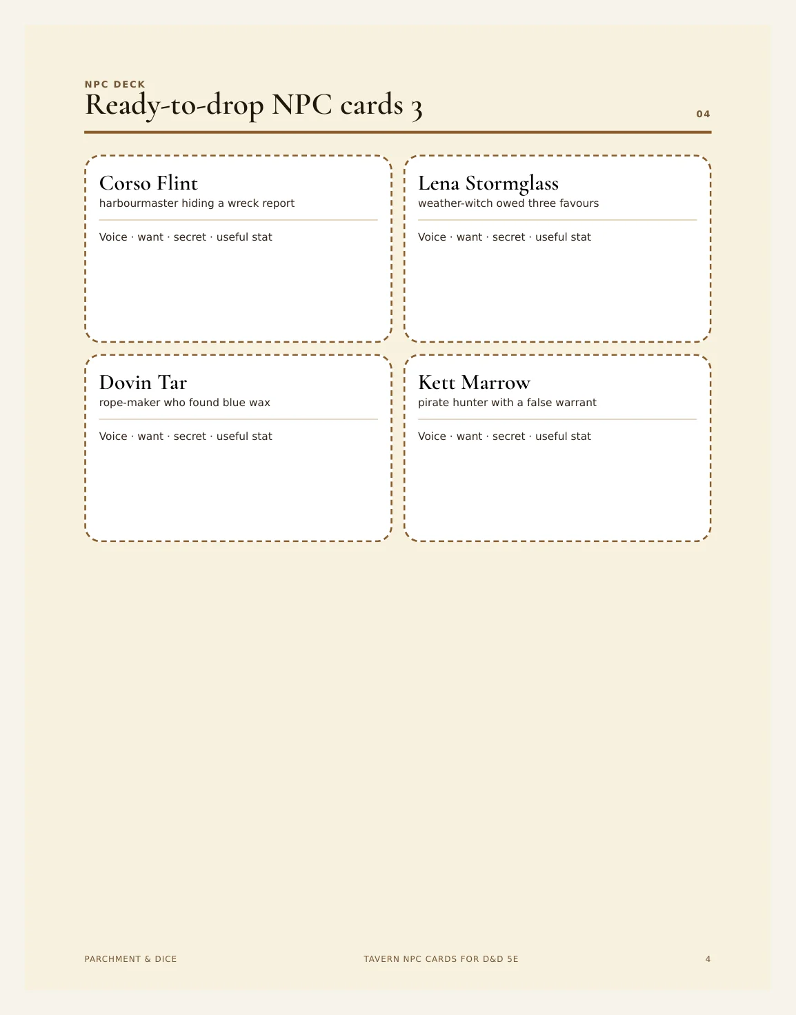 Tavern NPC Cards for DnD 5e | 16 Ready to Drop Tavern NPCs with Stat Blocks, Voice and Hooks | Printable DM Tool | A4 and Letter — Preview page 2