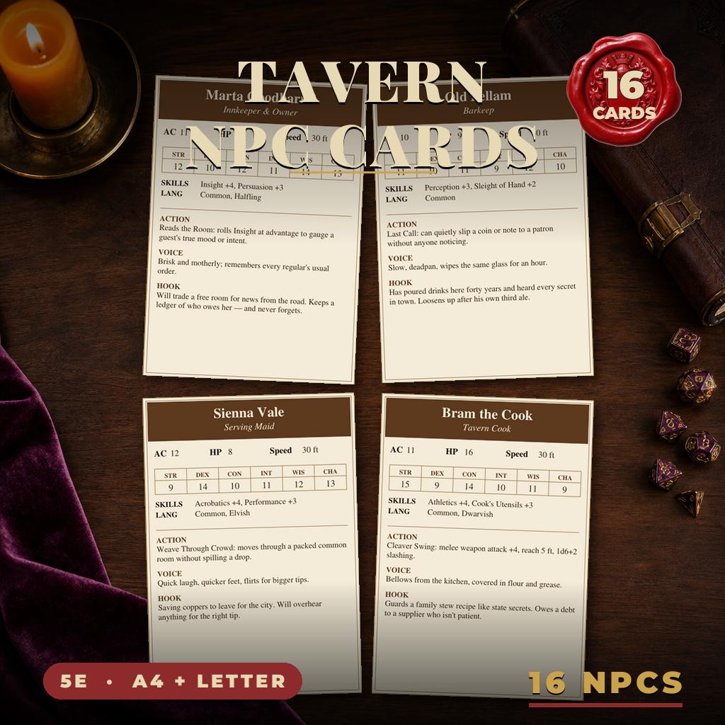 Tavern NPC Cards for DnD 5e | 16 Ready to Drop Tavern NPCs with Stat Blocks, Voice and Hooks | Printable DM Tool | A4 and Letter — 16 Ready to Drop Tavern NPCs with Stat Blocks, Voice and Hooks | Printable DM To