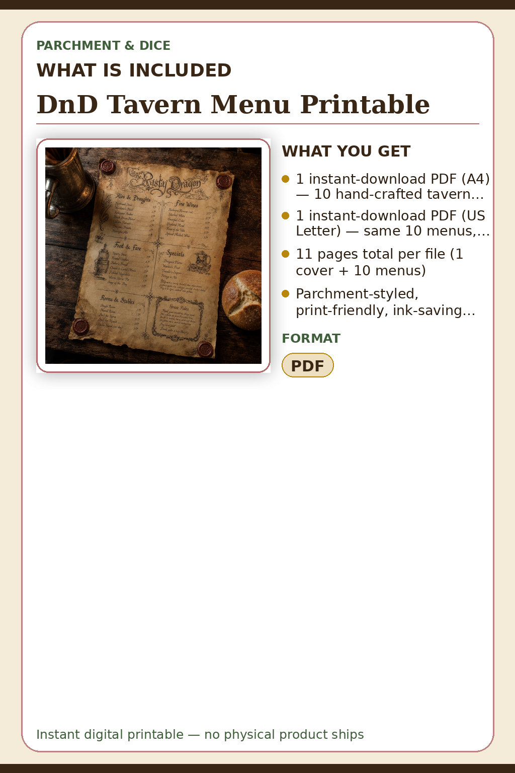 DnD Tavern Menu Printable — What is included