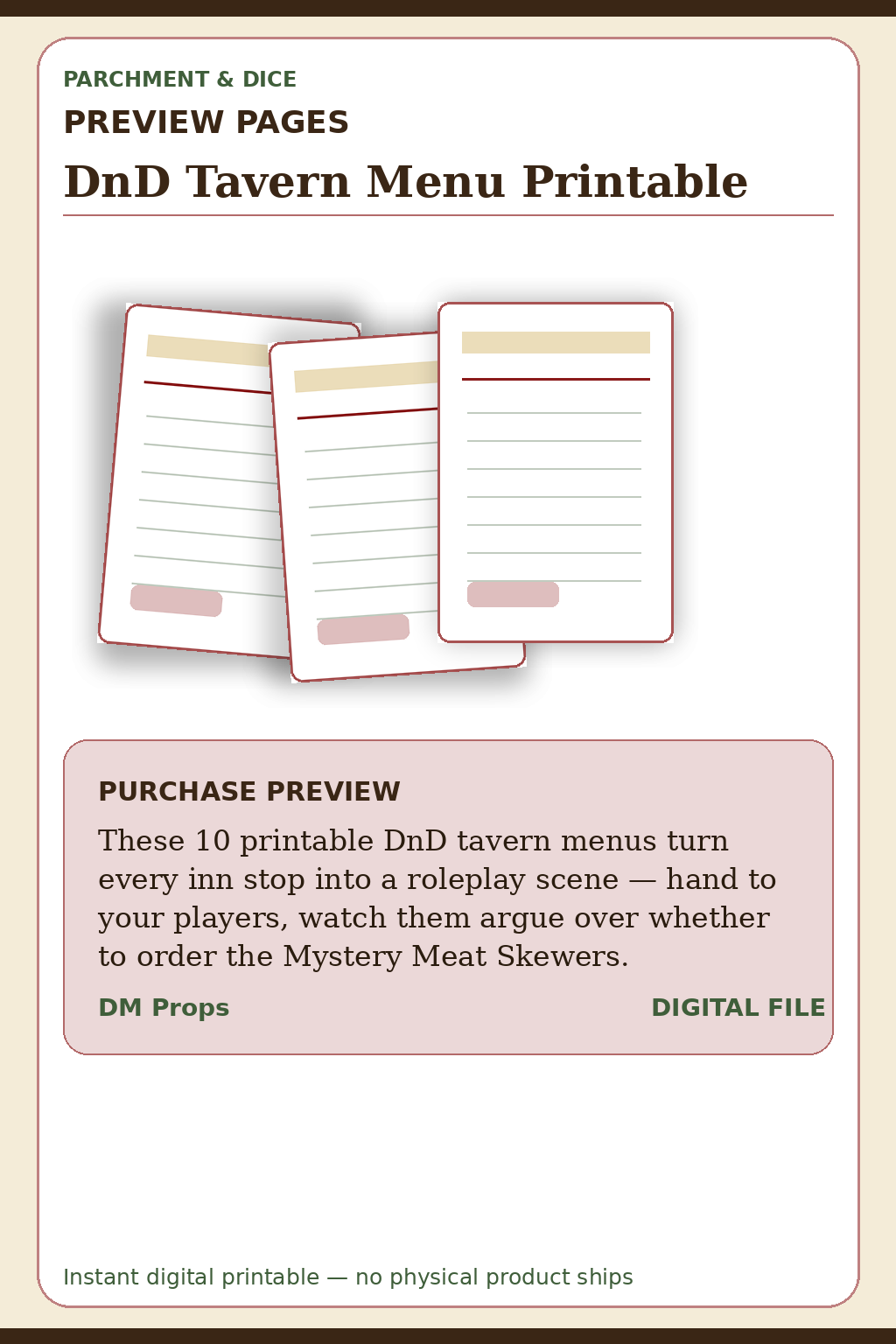 DnD Tavern Menu Printable — Tavern Preview Pages